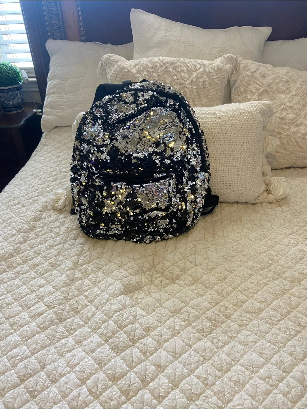 Black Sequin Mini Backpack - Sparkling Silver Accents